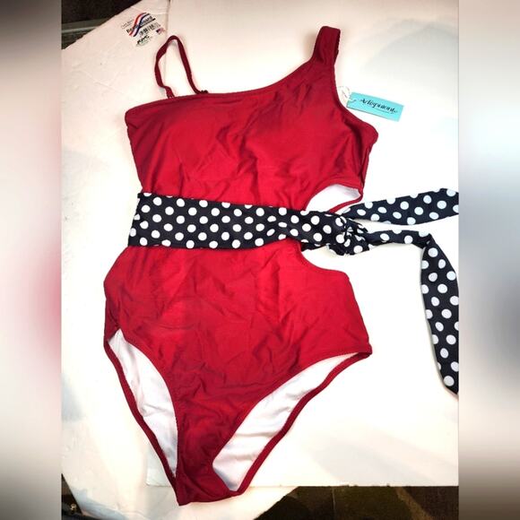 New Red Black Polka Dot One Piece Swimsuit 856 Cutouts Side Sash Size L - Picture 1 of 9